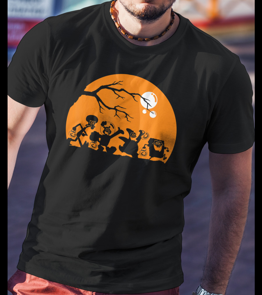 Spongebob Squarepants Halloween Group Silhouette Against Orange Moon T-Shirt