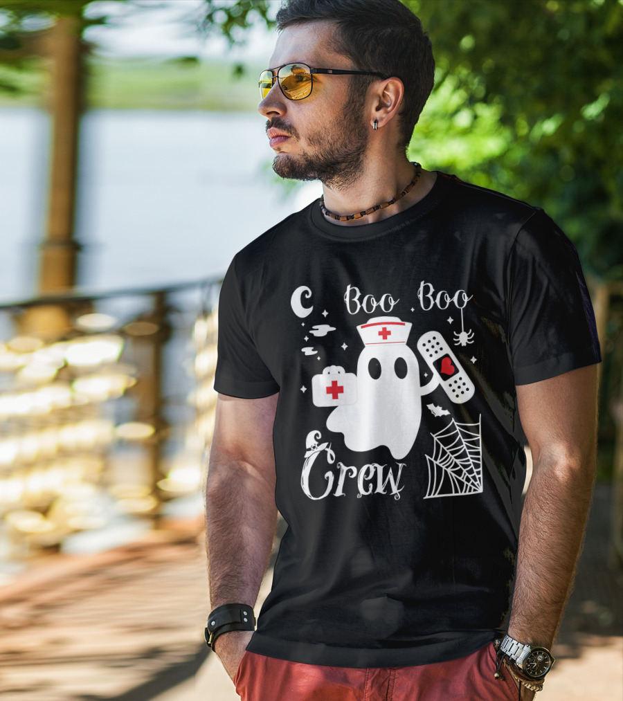 Boo Boo Crew Ghost Nurse With Bandage And Spider Web And Medical Symbols T-Shirt
