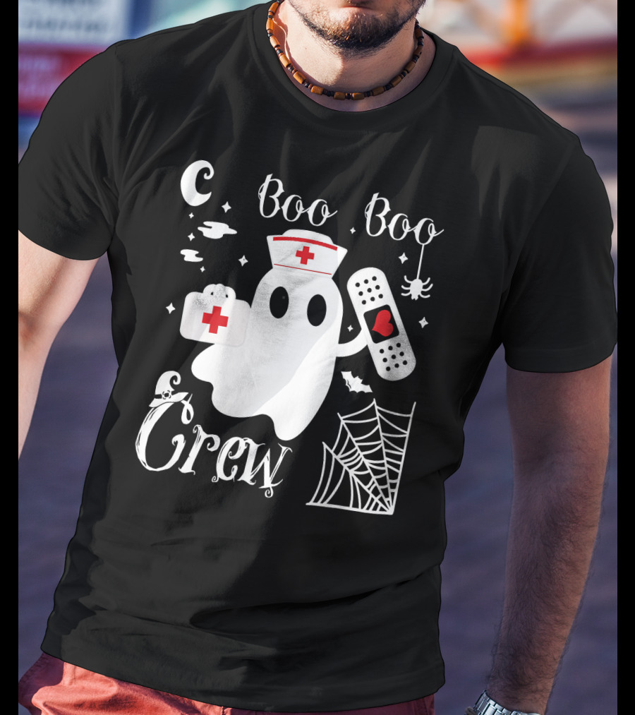 Boo Boo Crew Ghost Nurse With Bandage And Spider Web And Medical Symbols T-Shirt