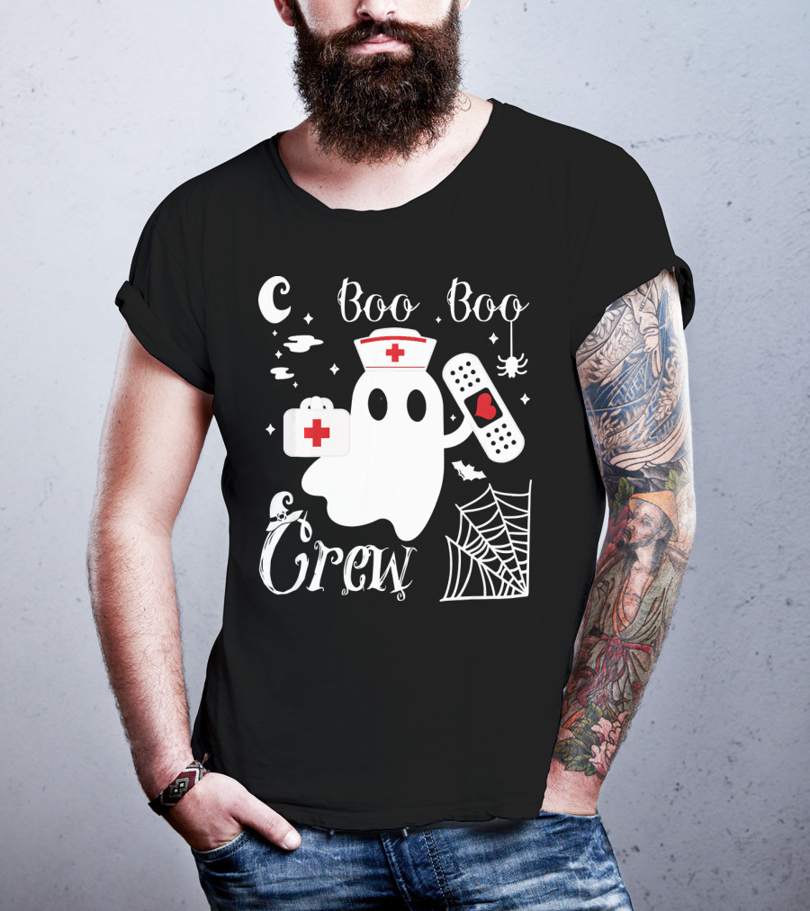 Boo Boo Crew Ghost Nurse With Bandage And Spider Web And Medical Symbols T-Shirt