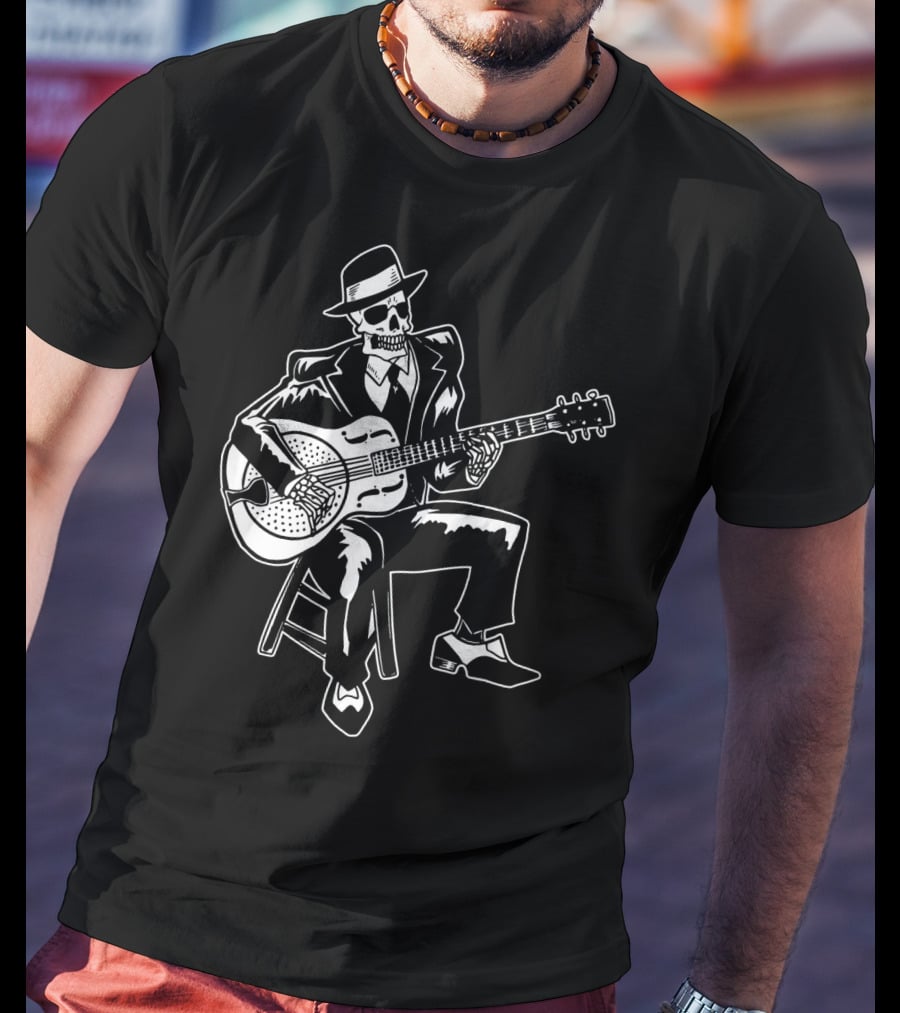 Blues Music Skeleton Playing Guitar With Fedora And Suit T-Shirt