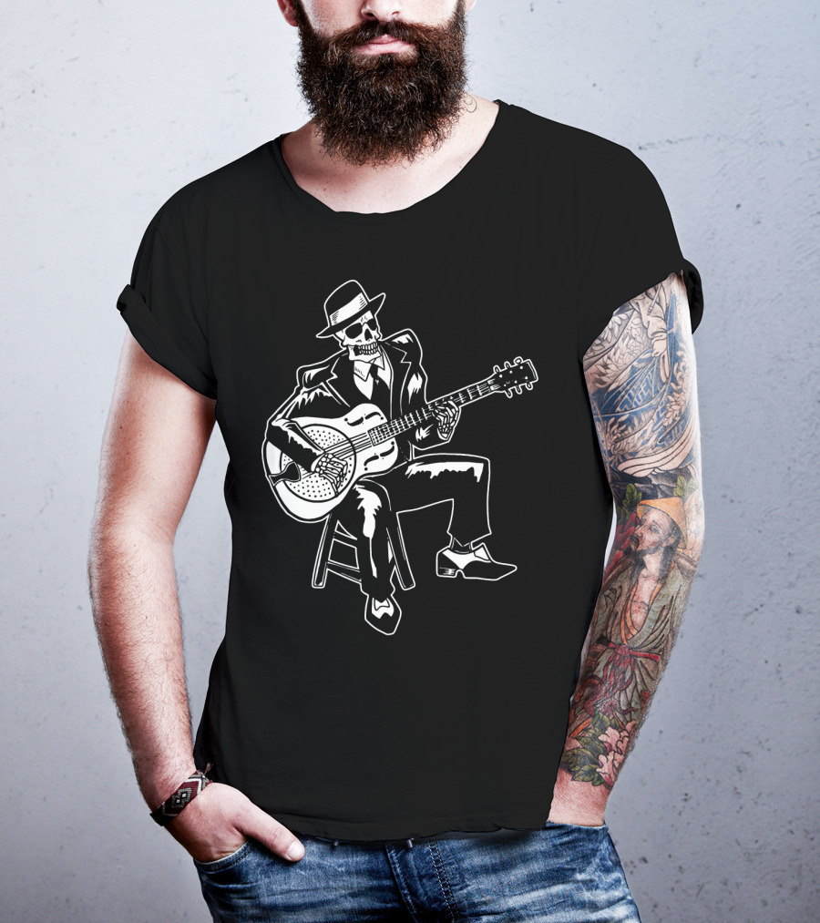 Blues Music Skeleton Playing Guitar With Fedora And Suit T-Shirt