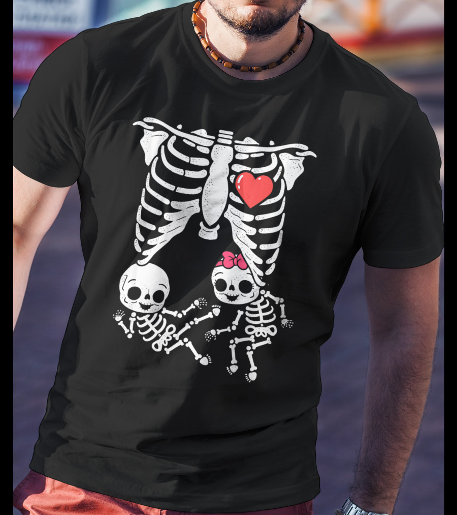 Skeleton Pregnancy Announcement With Baby Skeletons And Heart T-Shirt