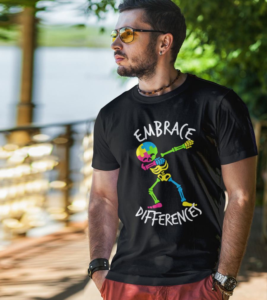 Embrace Differences Autism Awareness Colorful Skeleton Dabbing T-Shirt