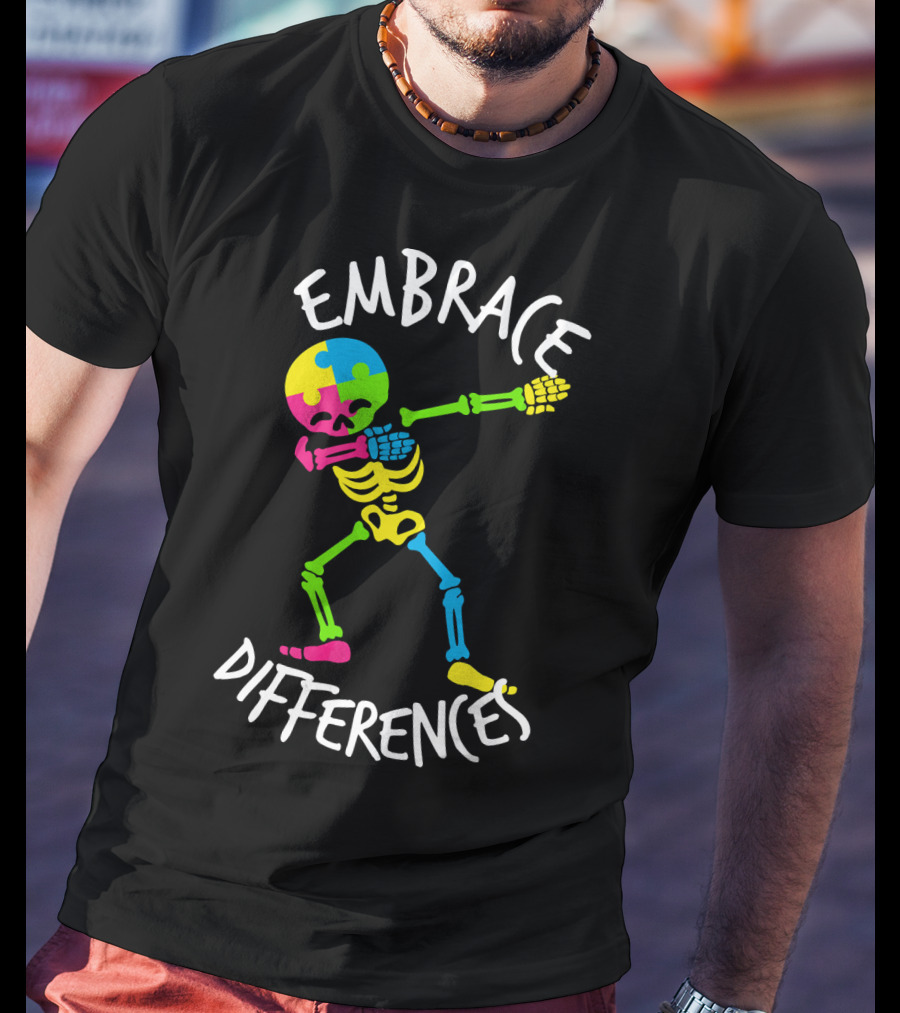 Embrace Differences Autism Awareness Colorful Skeleton Dabbing T-Shirt