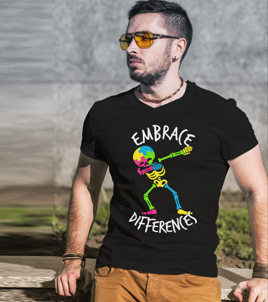 Embrace Differences Autism Awareness Colorful Skeleton Dabbing T-Shirt