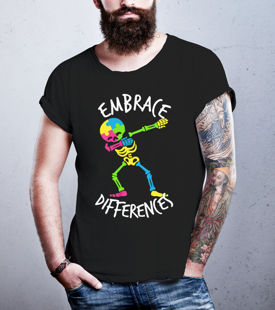 Embrace Differences Autism Awareness Colorful Skeleton Dabbing T-Shirt