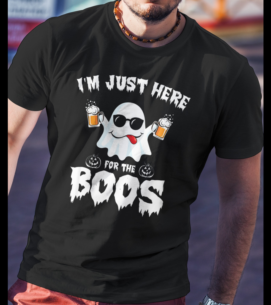 I'm Just Here For The Boos Ghost With Sunglasses And Beer Mugs T-Shirt