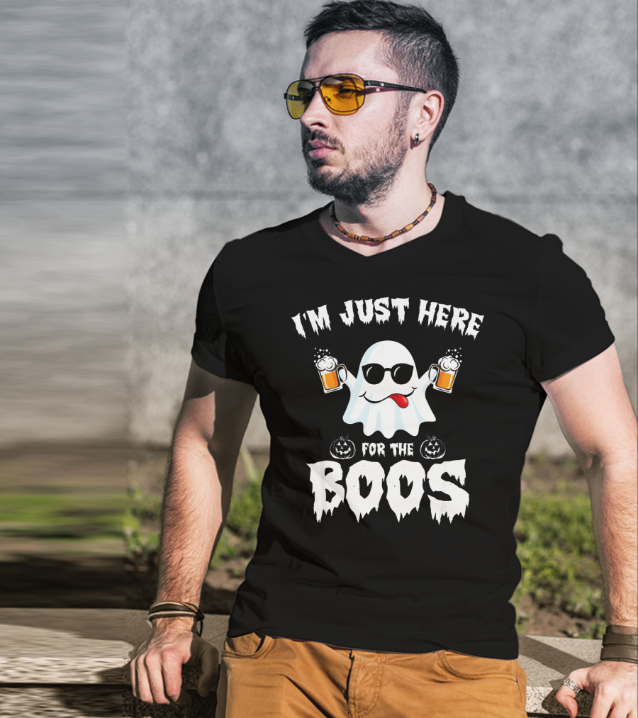 I'm Just Here For The Boos Ghost With Sunglasses And Beer Mugs T-Shirt