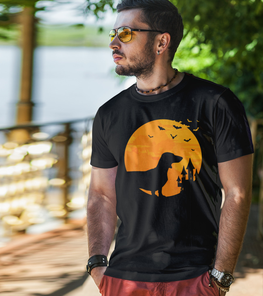 Dachshund Halloween Silhouette With Bats And Haunted Castle T-Shirt