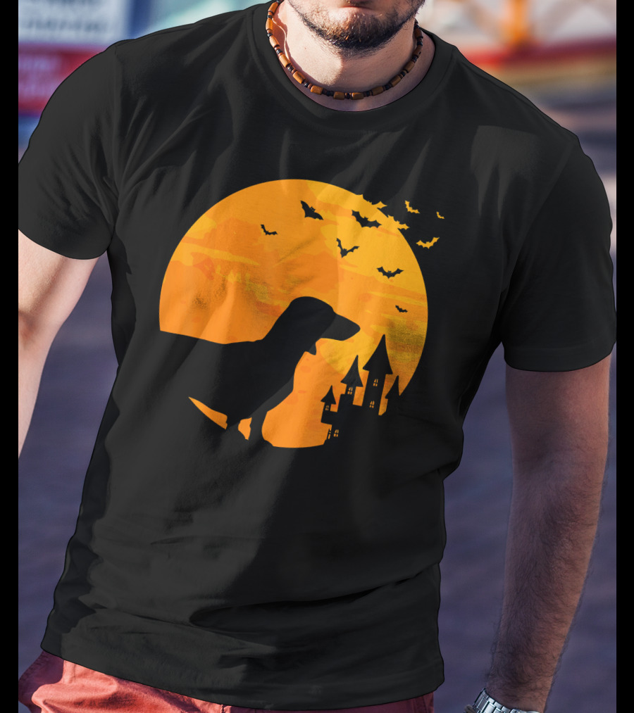 Dachshund Halloween Silhouette With Bats And Haunted Castle T-Shirt