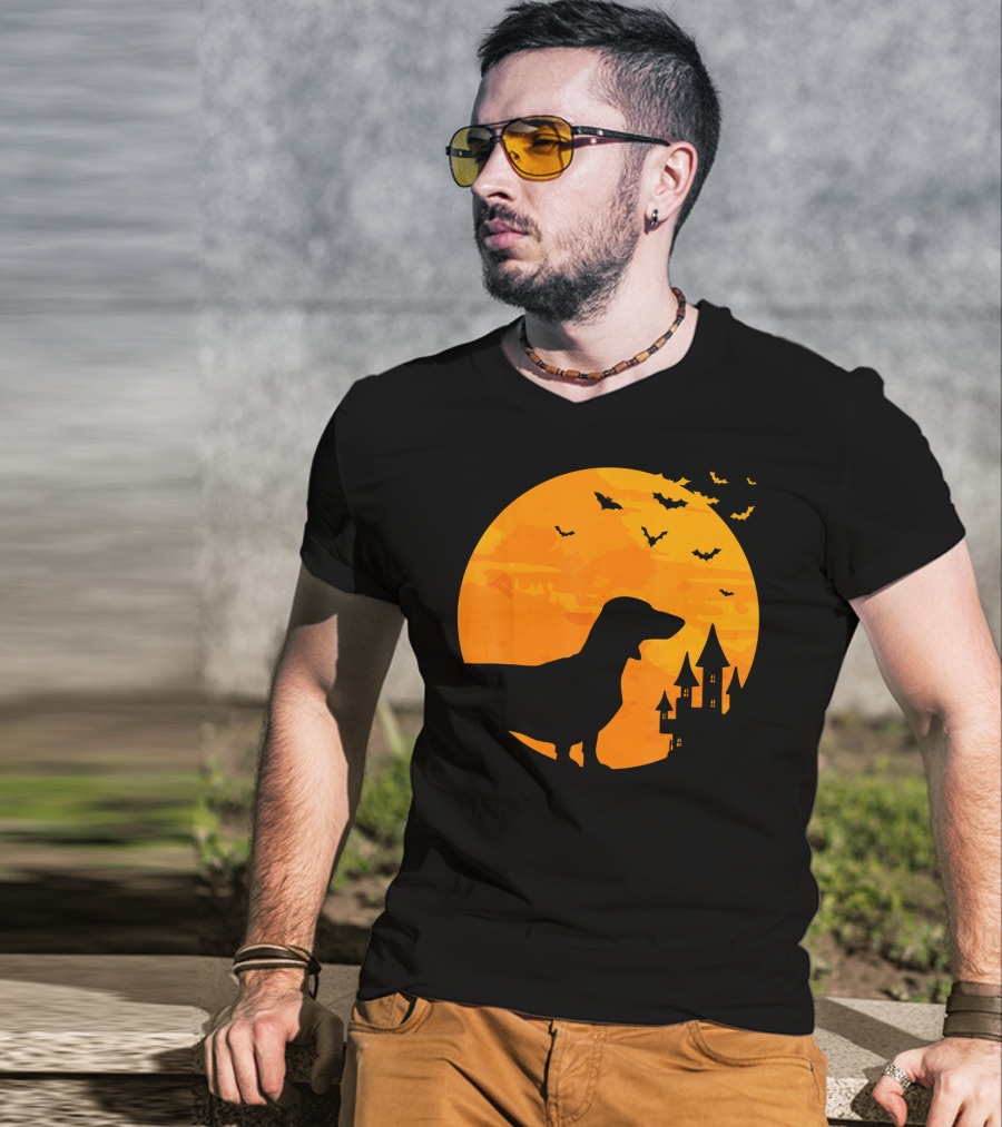 Dachshund Halloween Silhouette With Bats And Haunted Castle T-Shirt