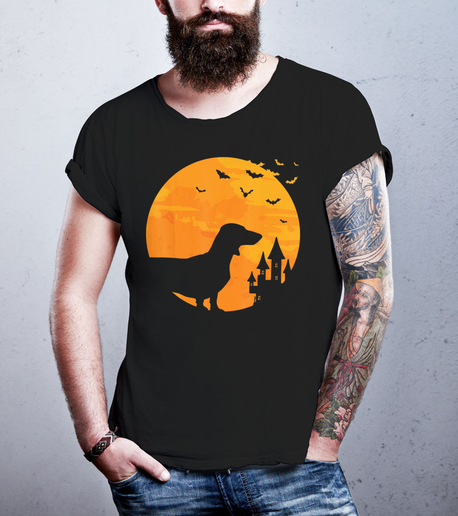 Dachshund Halloween Silhouette With Bats And Haunted Castle T-Shirt