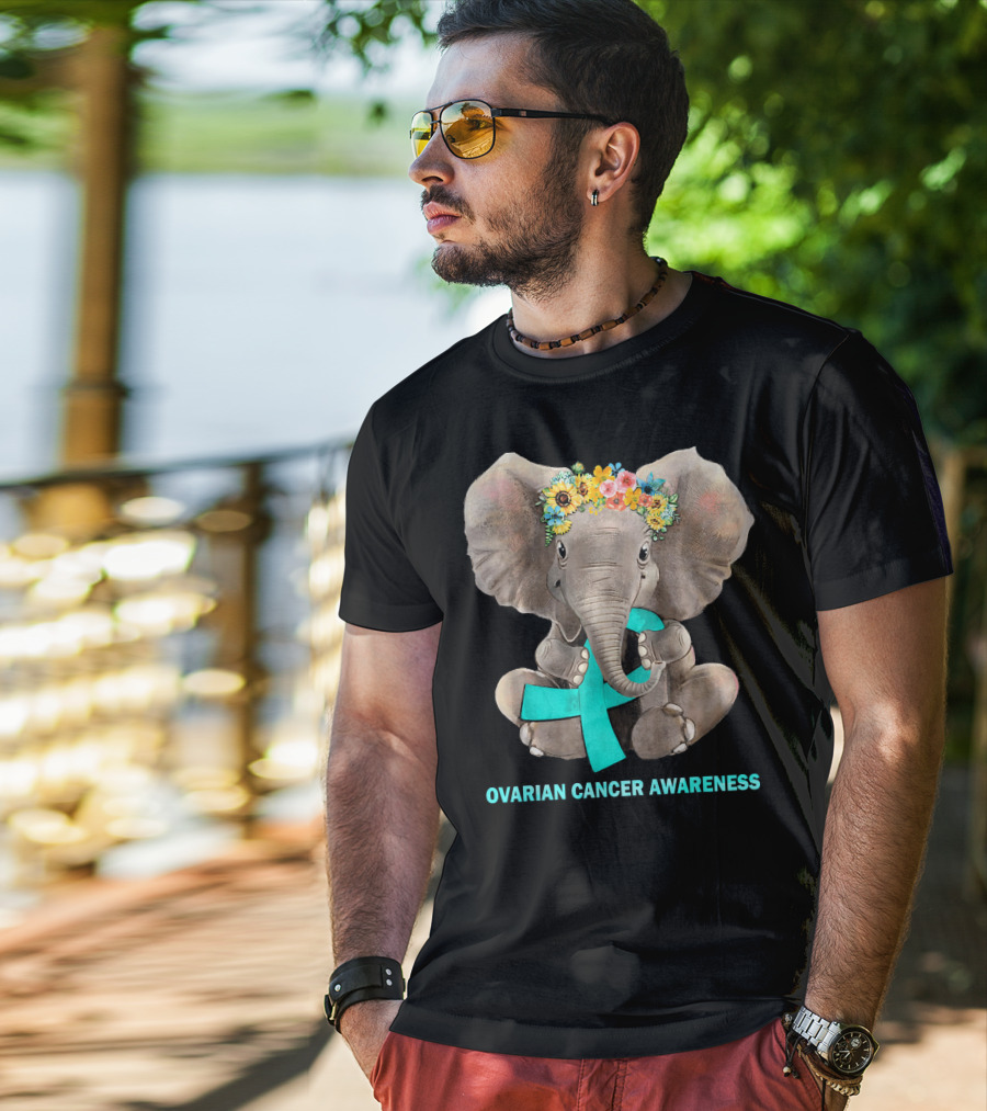 Hippie Elephant Holding Teal Ribbon Ovarian Cancer Awareness T-Shirt