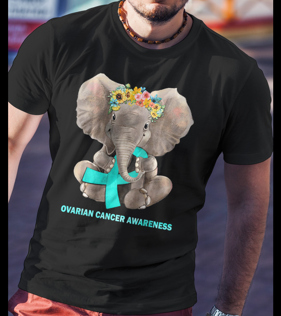 Hippie Elephant Holding Teal Ribbon Ovarian Cancer Awareness T-Shirt