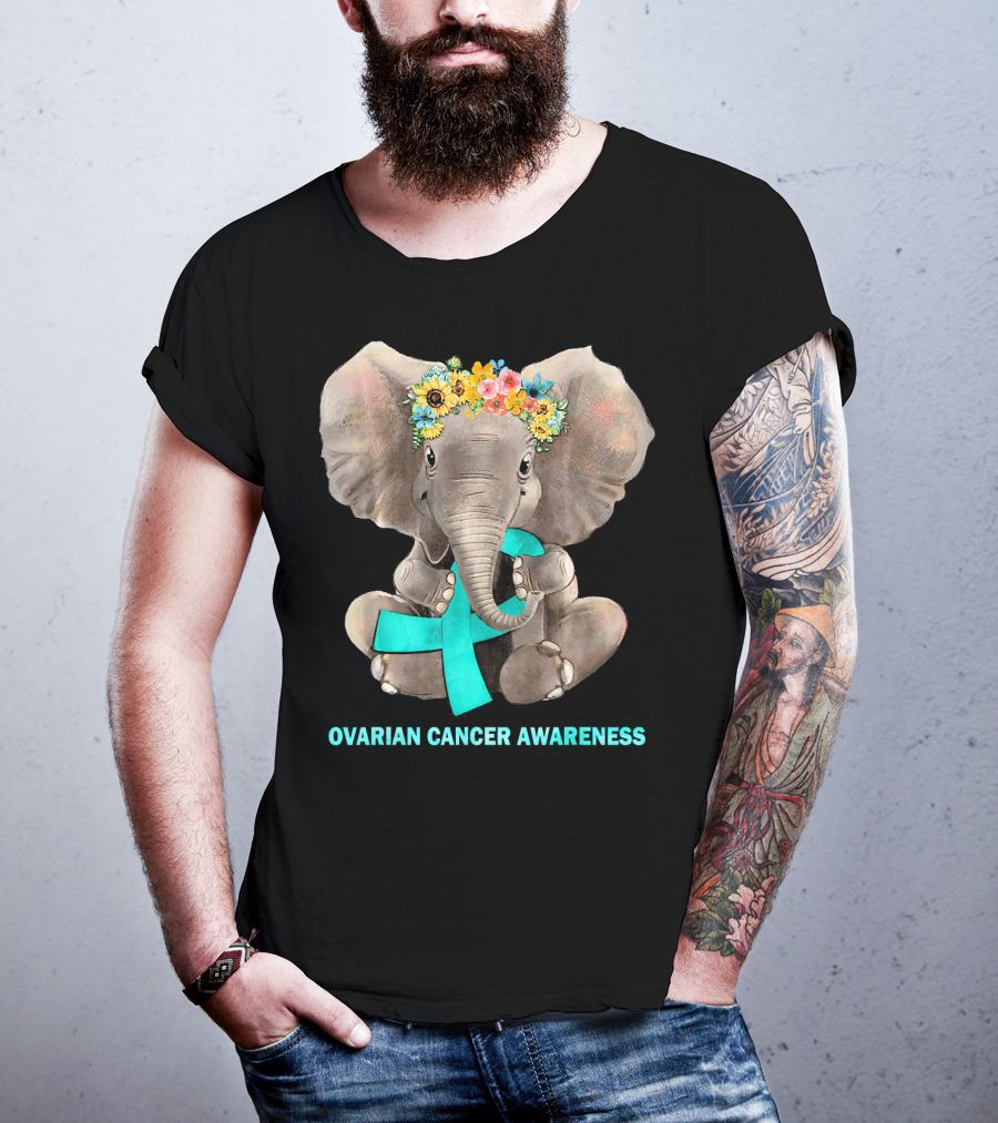 Hippie Elephant Holding Teal Ribbon Ovarian Cancer Awareness T-Shirt