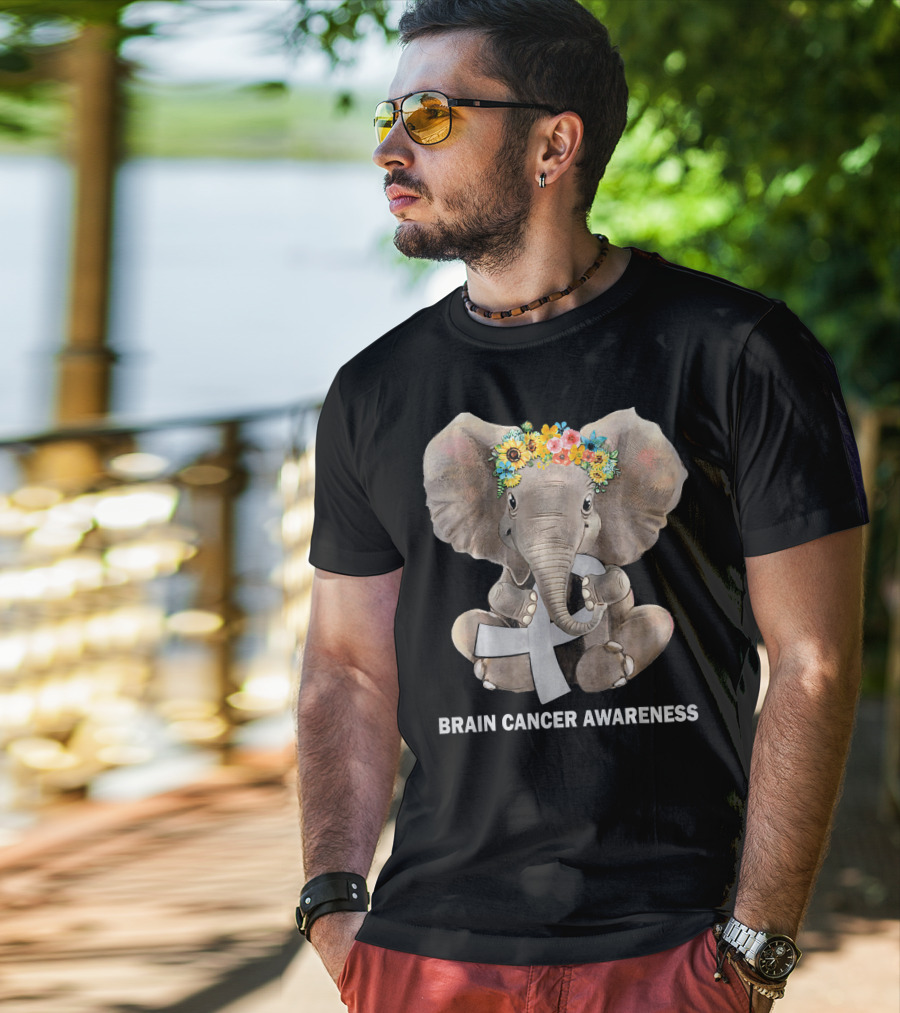 Hippie Elephant Holding Gray Ribbon Brain Cancer Awareness T-Shirt