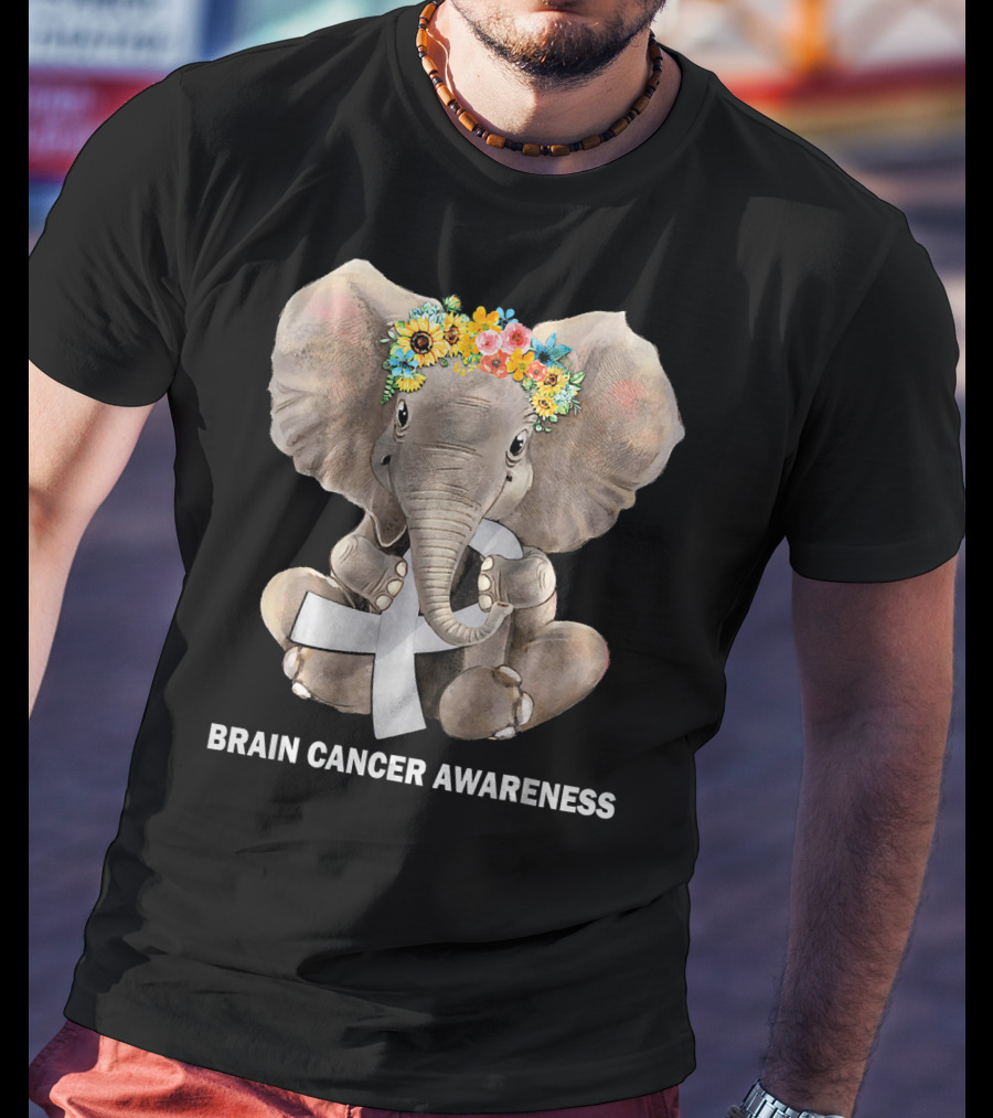 Hippie Elephant Holding Gray Ribbon Brain Cancer Awareness T-Shirt