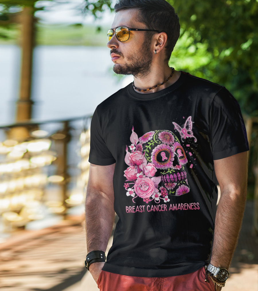 Skull Flower Breast Cancer Awareness Pink Ribbon Butterfly Roses T-Shirt
