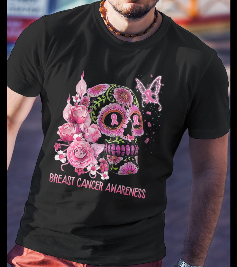 Skull Flower Breast Cancer Awareness Pink Ribbon Butterfly Roses T-Shirt