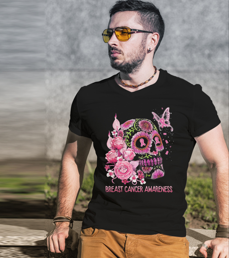 Skull Flower Breast Cancer Awareness Pink Ribbon Butterfly Roses T-Shirt