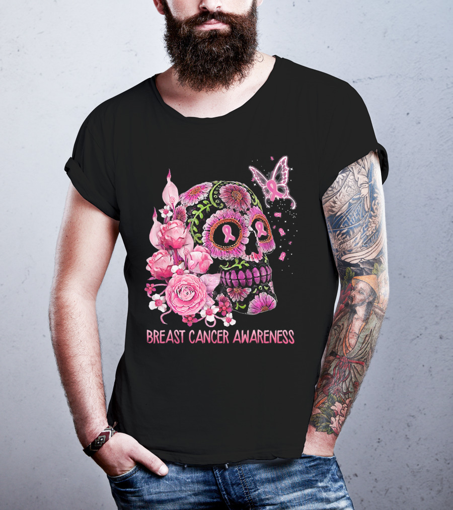 Skull Flower Breast Cancer Awareness Pink Ribbon Butterfly Roses T-Shirt