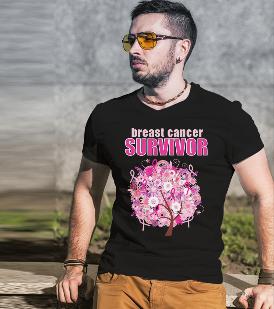 Breast Cancer Survivor Floral Pink Ribbon Tree T-Shirt