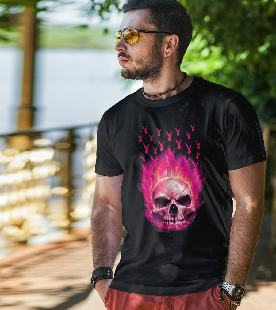 Halloween Skull Flaming Pink Ribbon Breast Cancer Awareness T-Shirt