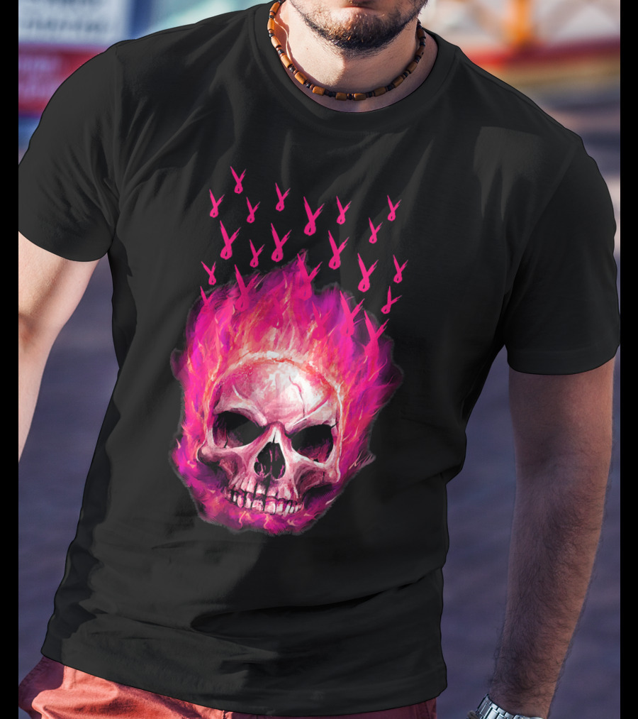 Halloween Skull Flaming Pink Ribbon Breast Cancer Awareness T-Shirt