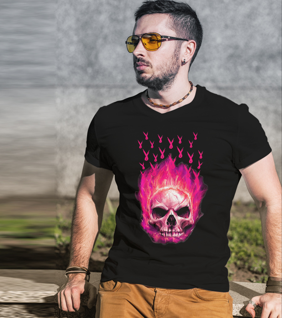 Halloween Skull Flaming Pink Ribbon Breast Cancer Awareness T-Shirt