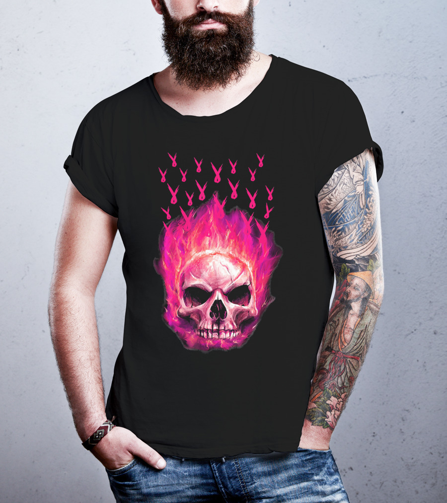 Halloween Skull Flaming Pink Ribbon Breast Cancer Awareness T-Shirt