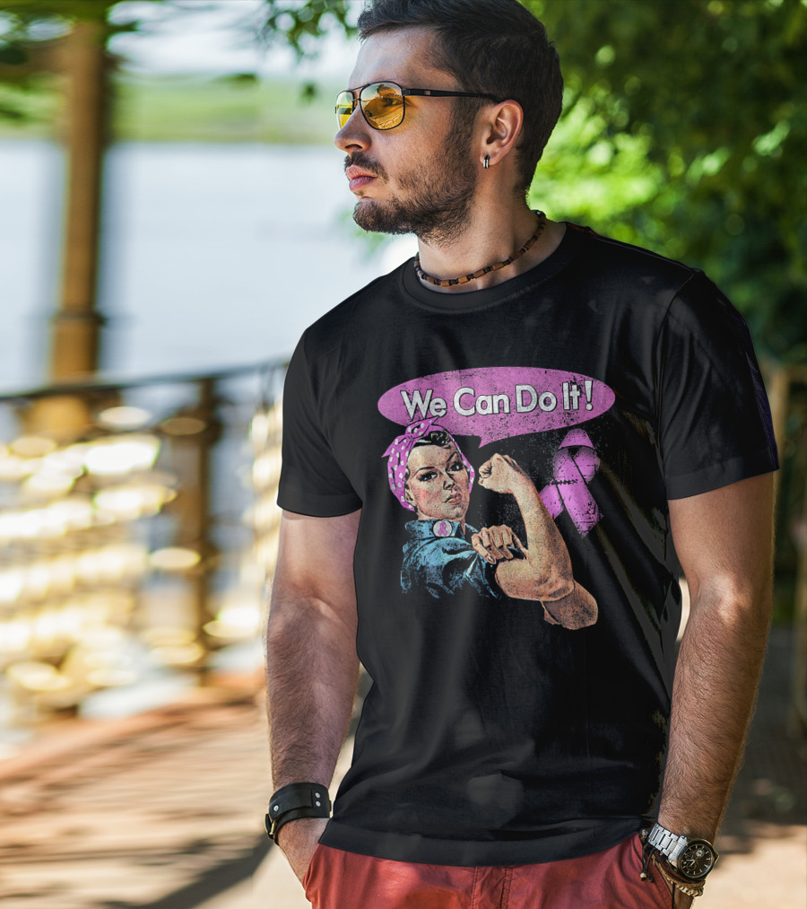 We Can Do It Pink Ribbon Breast Cancer Awareness Rosie The Riveter Iconic T-Shirt