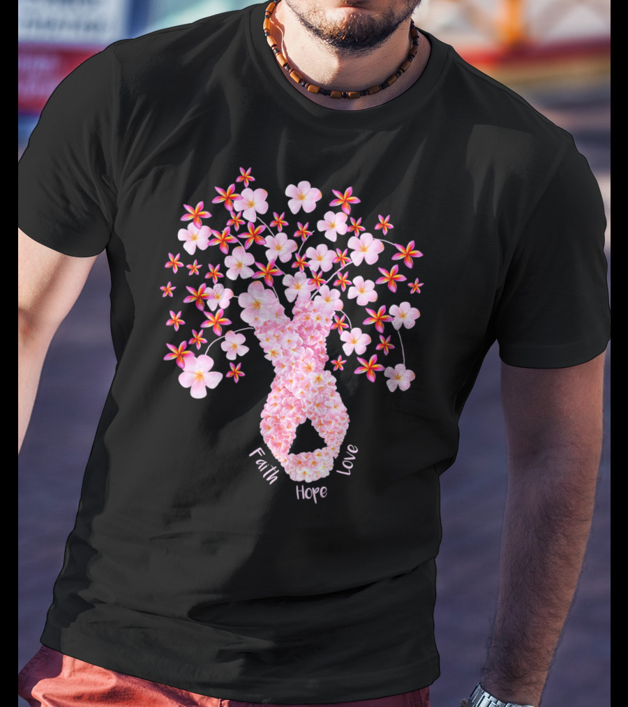 Faith Hope Love Breast Cancer Ribbon Floral Blossoms T-Shirt