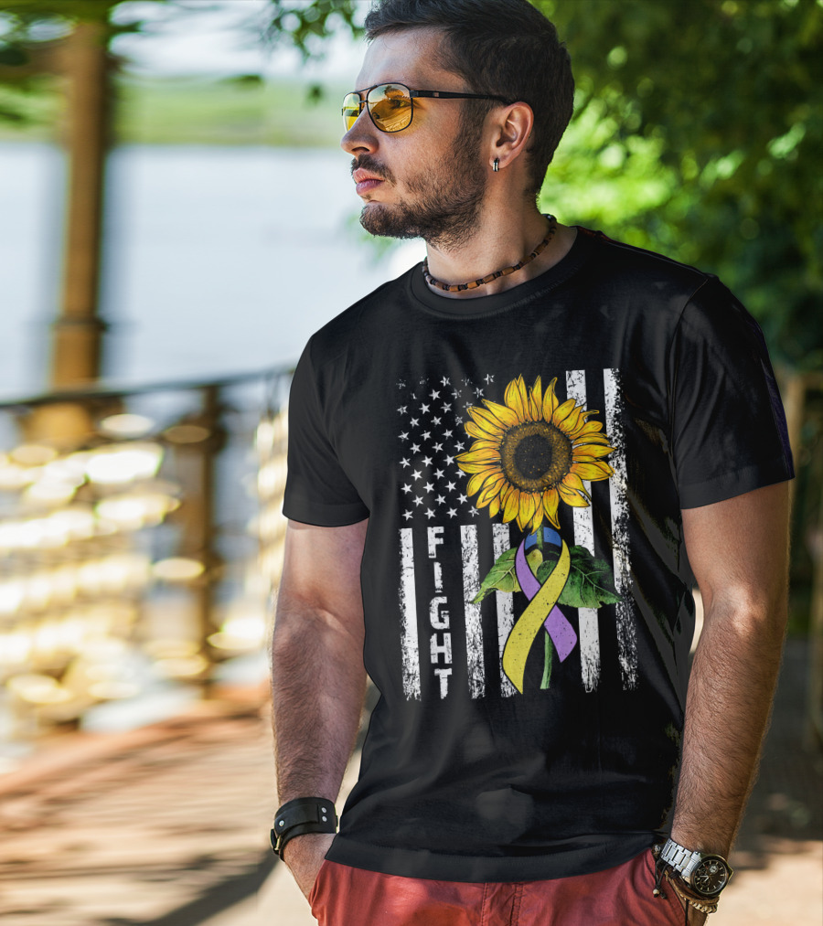 USA Flag Sunflower Fight Ribbon Bladder Cancer T-Shirt