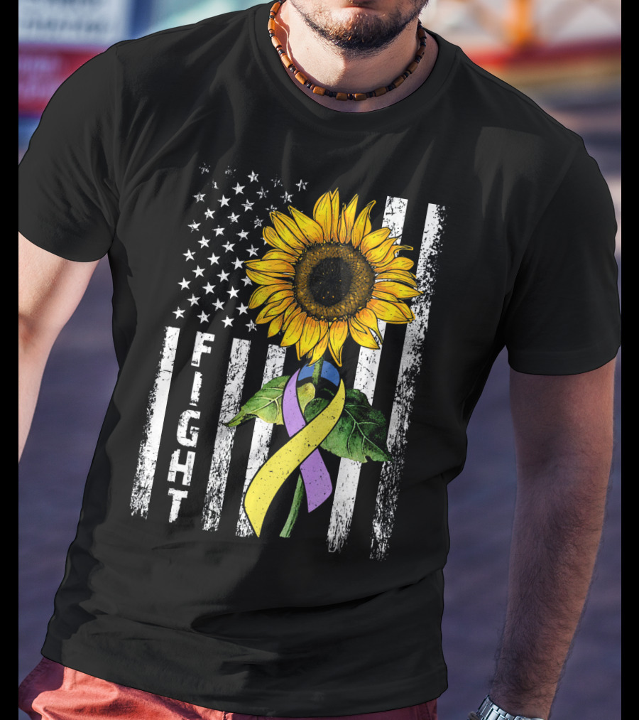 USA Flag Sunflower Fight Ribbon Bladder Cancer T-Shirt