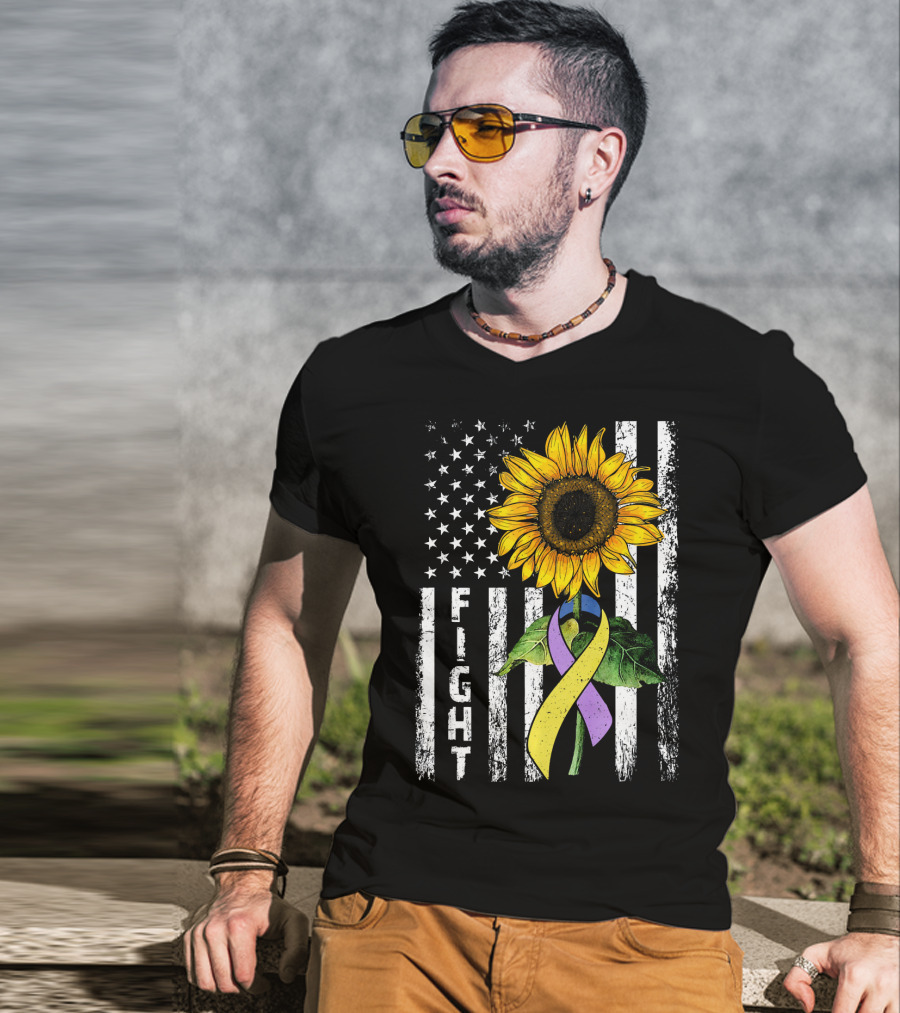 USA Flag Sunflower Fight Ribbon Bladder Cancer T-Shirt
