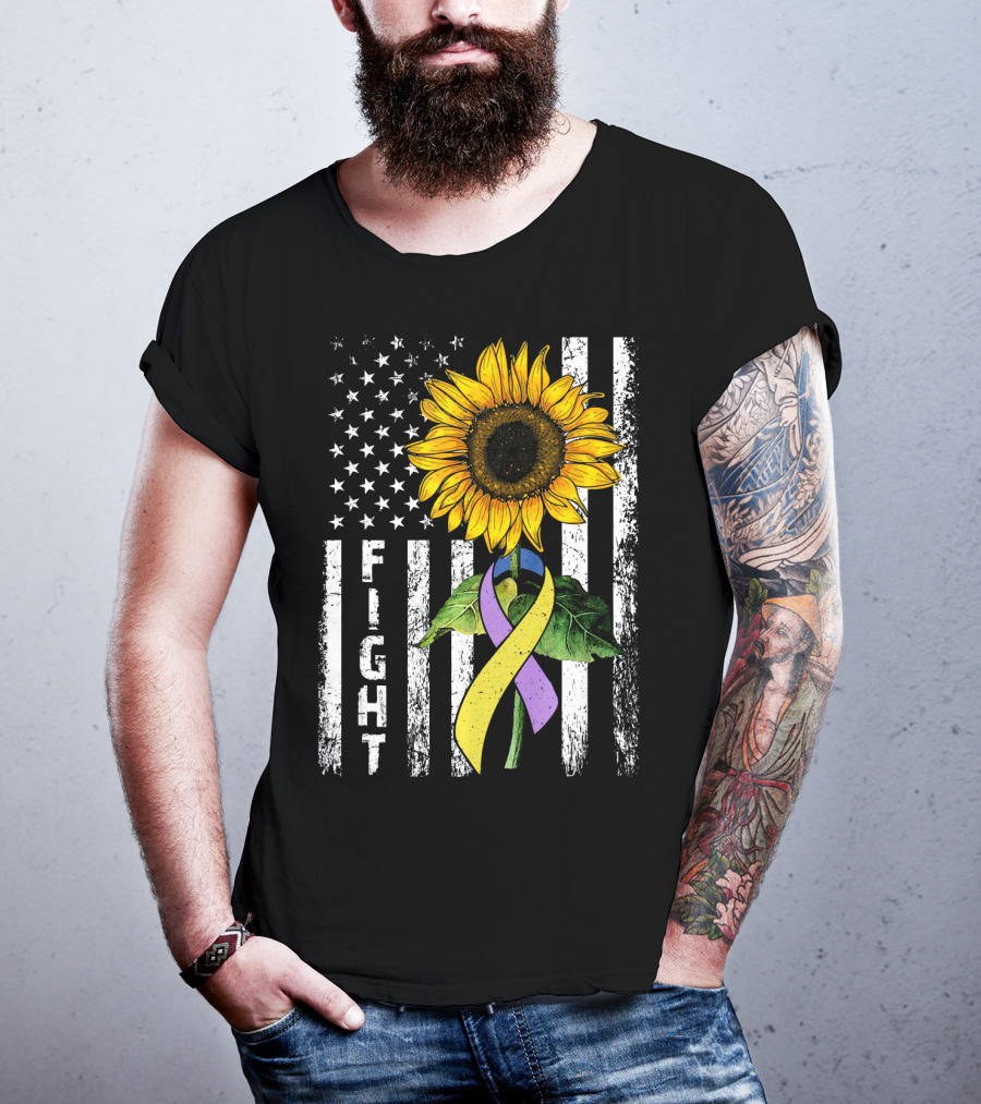USA Flag Sunflower Fight Ribbon Bladder Cancer T-Shirt