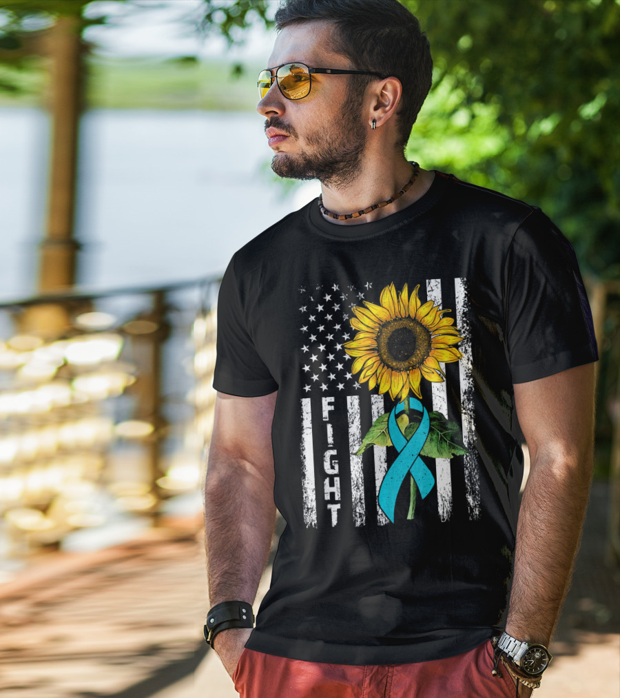 America Flag Sunflower Teal Ribbon Ovari Fight T-Shirt