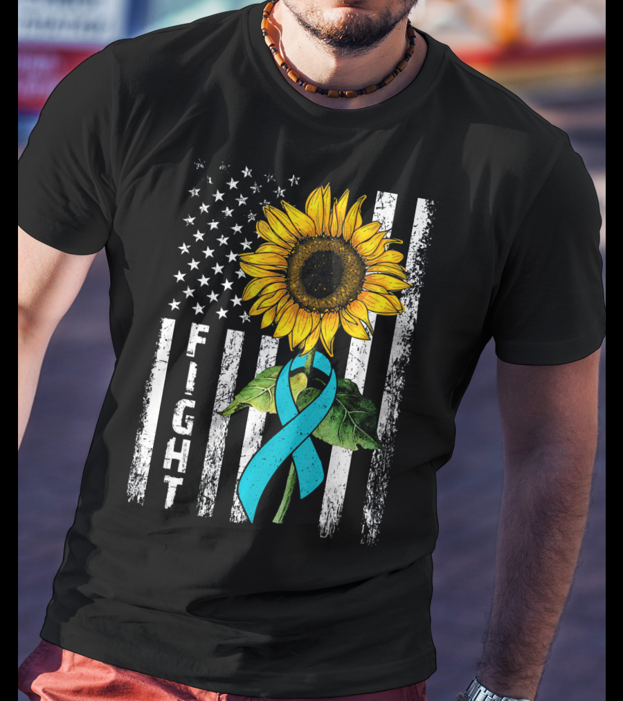 America Flag Sunflower Teal Ribbon Ovari Fight T-Shirt