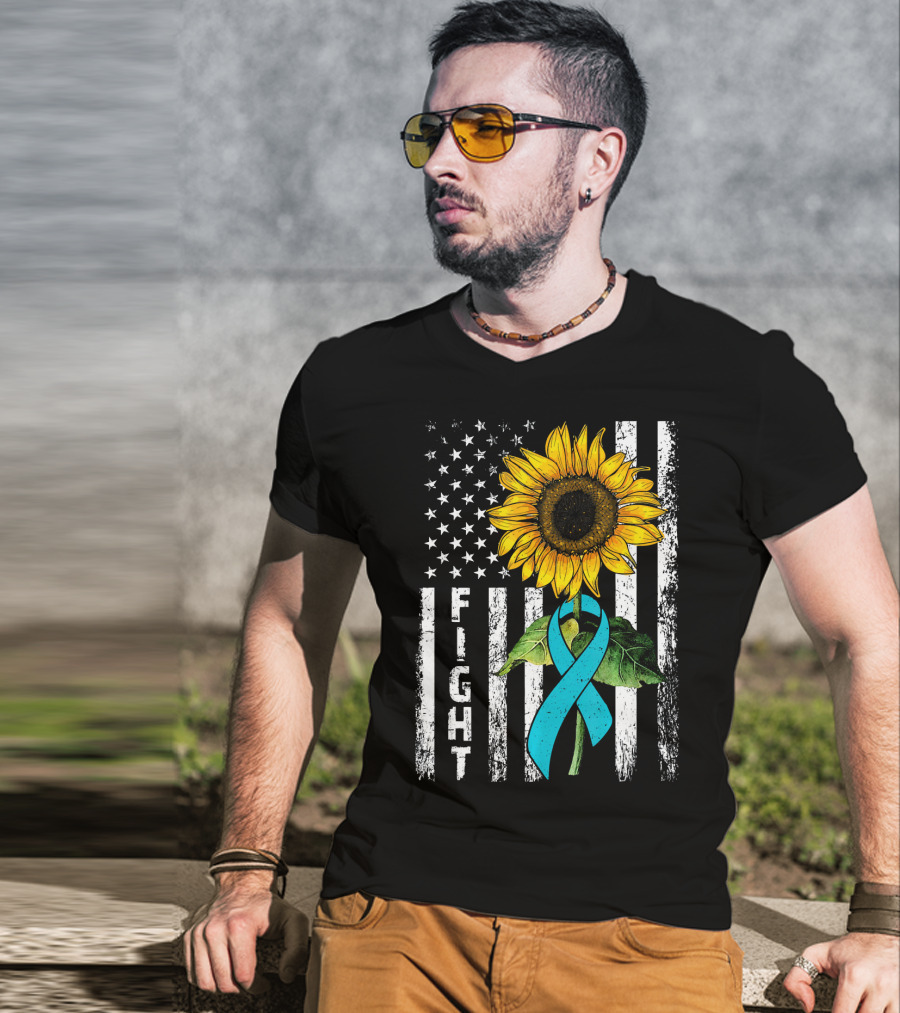 America Flag Sunflower Teal Ribbon Ovari Fight T-Shirt