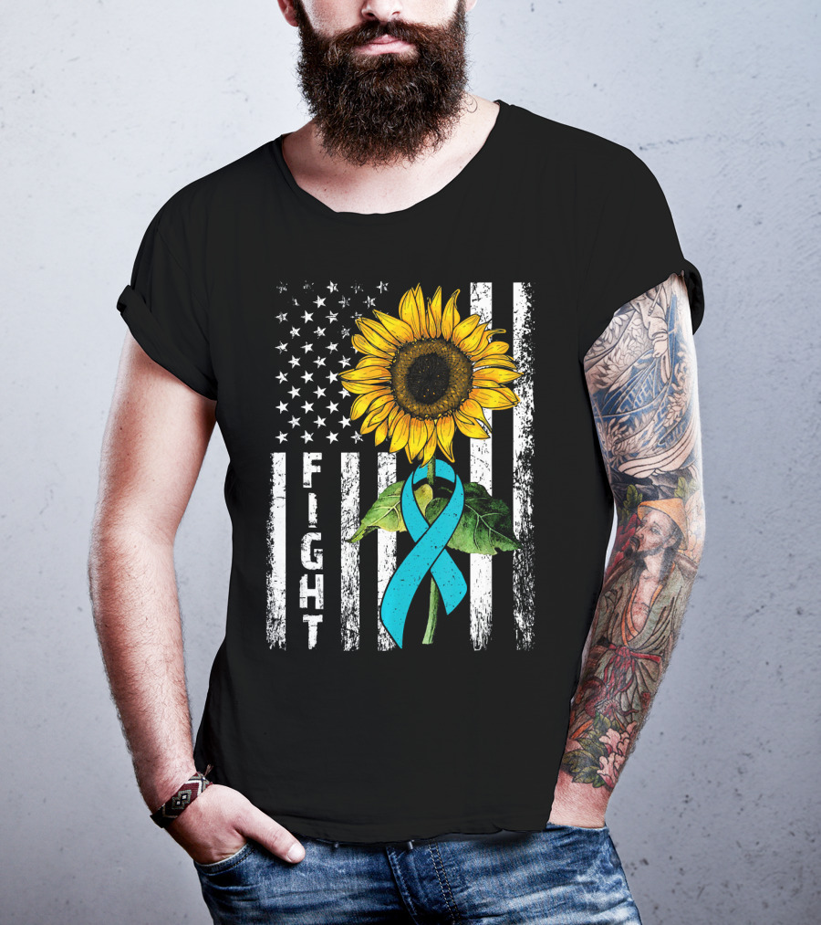 America Flag Sunflower Teal Ribbon Ovari Fight T-Shirt