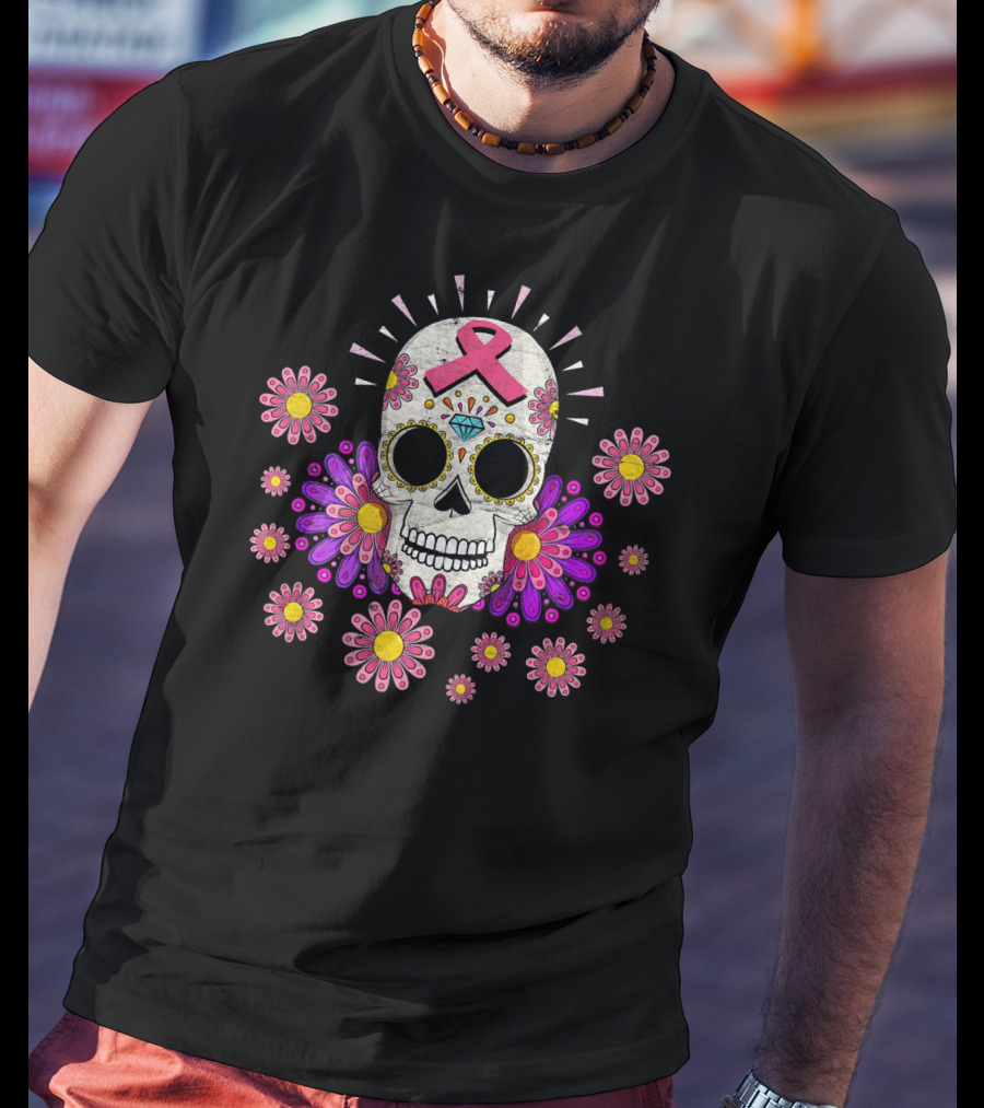 Breast Cancer Awareness Sugar Skull Pink Ribbon Floral Accents T-Shirt