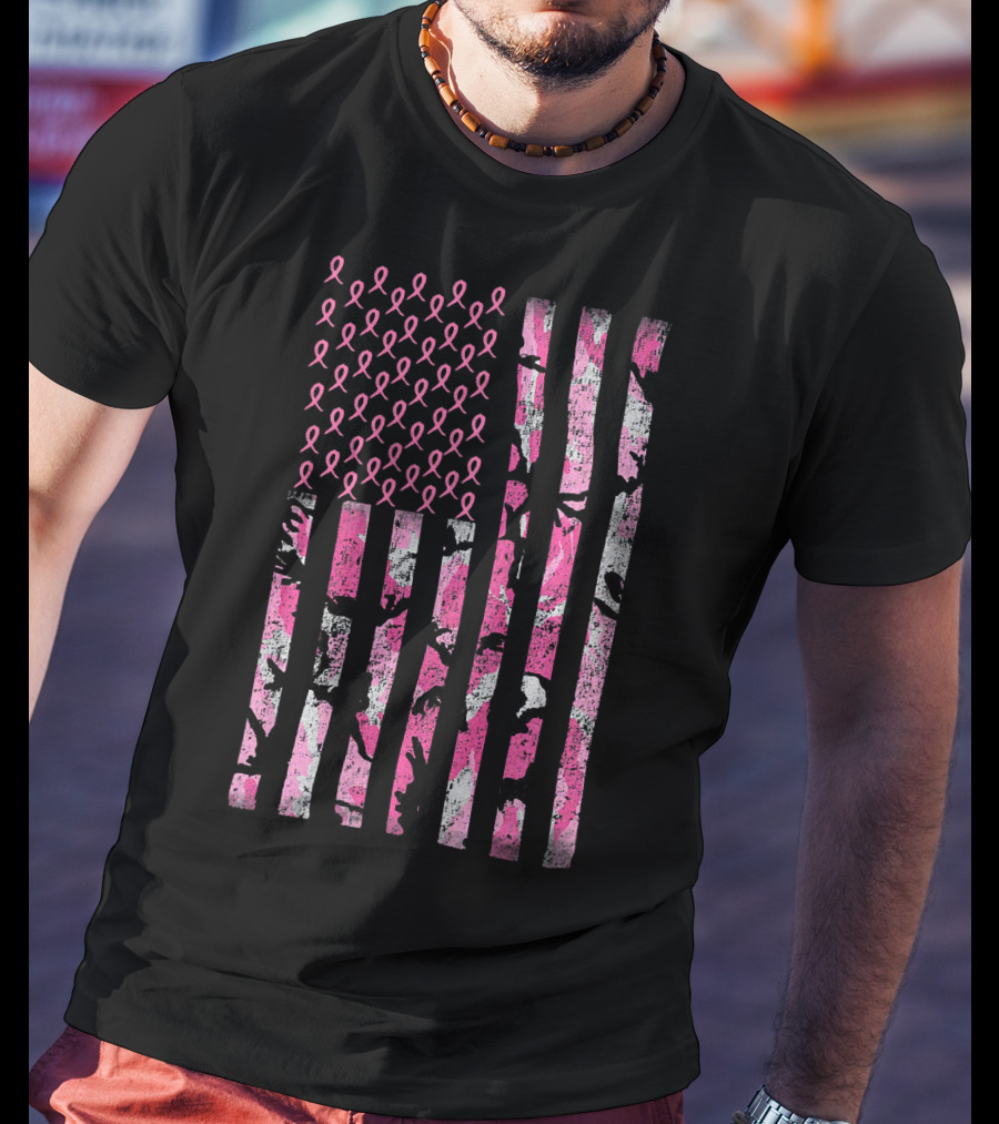 Breast Cancer Awareness Survivor Pink Ribbon American Flag Camo T-Shirt