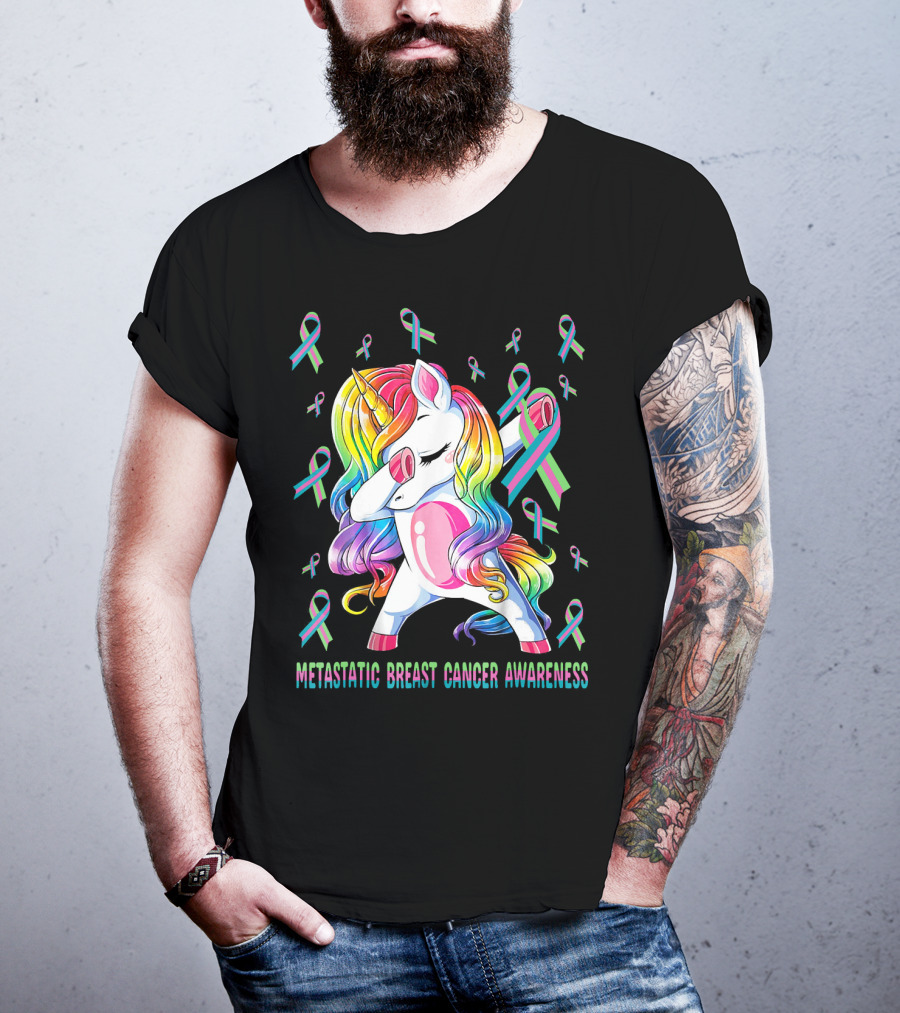 Metastatic Breast Cancer Awareness Unicorn Dabbing With Ribbons T-Shirt