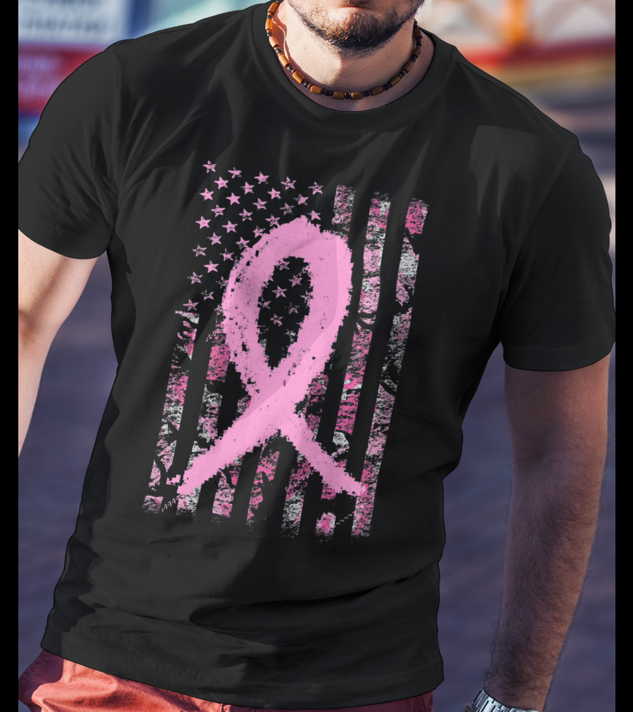 Pink Breast Cancer Ribbon Camouflage American Flag T-Shirt
