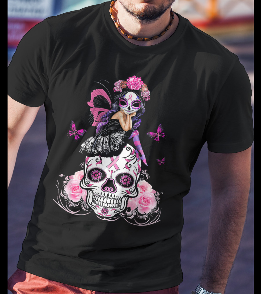 Cute Fairy Sugar Skull Breast Cancer Awareness T-Shirt