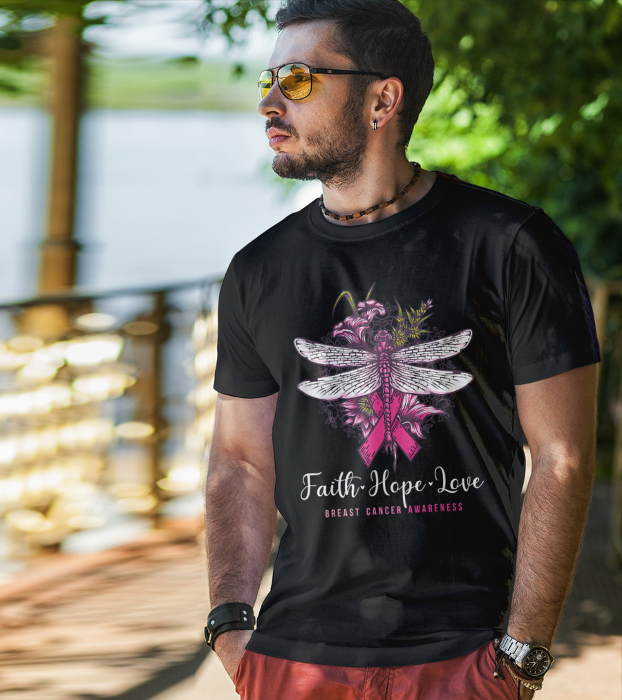 Faith Hope Love Breast Cancer Awareness Dragonfly Pink Ribbon Floral Motif T-Shirt