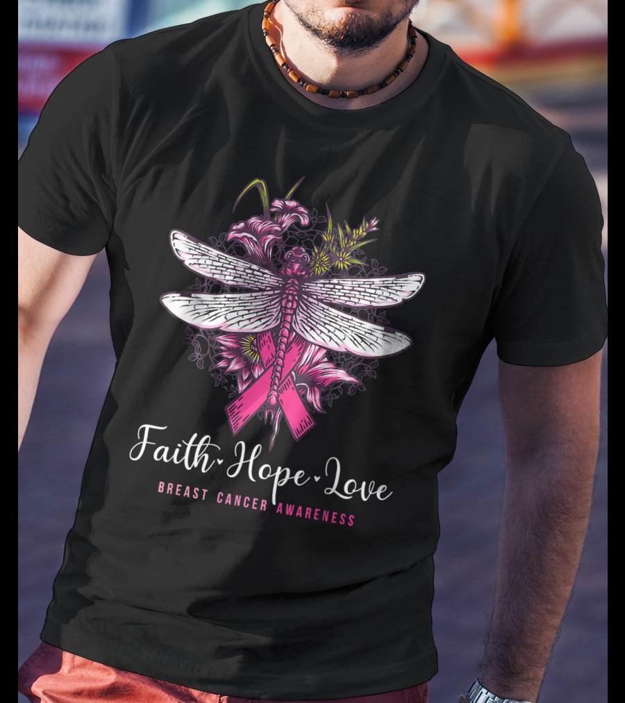 Faith Hope Love Breast Cancer Awareness Dragonfly Pink Ribbon Floral Motif T-Shirt