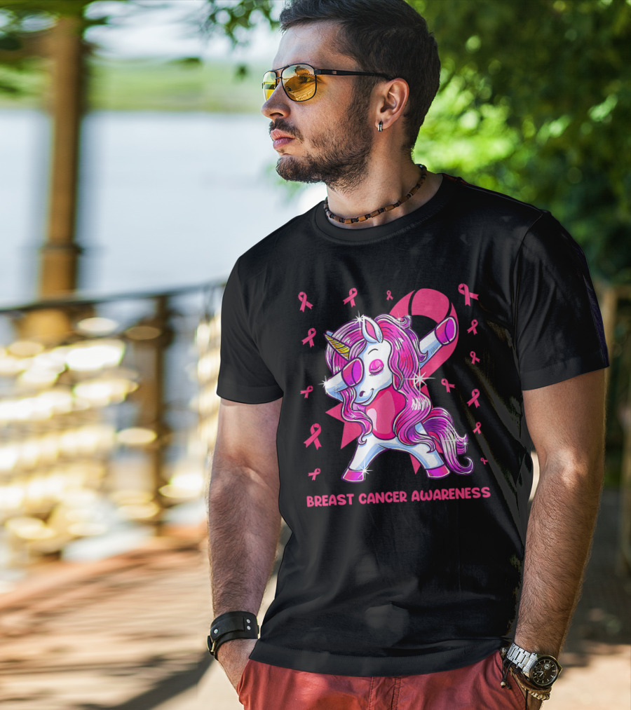 Breast Cancer Awareness Dabbing Unicorn Pink T-Shirt