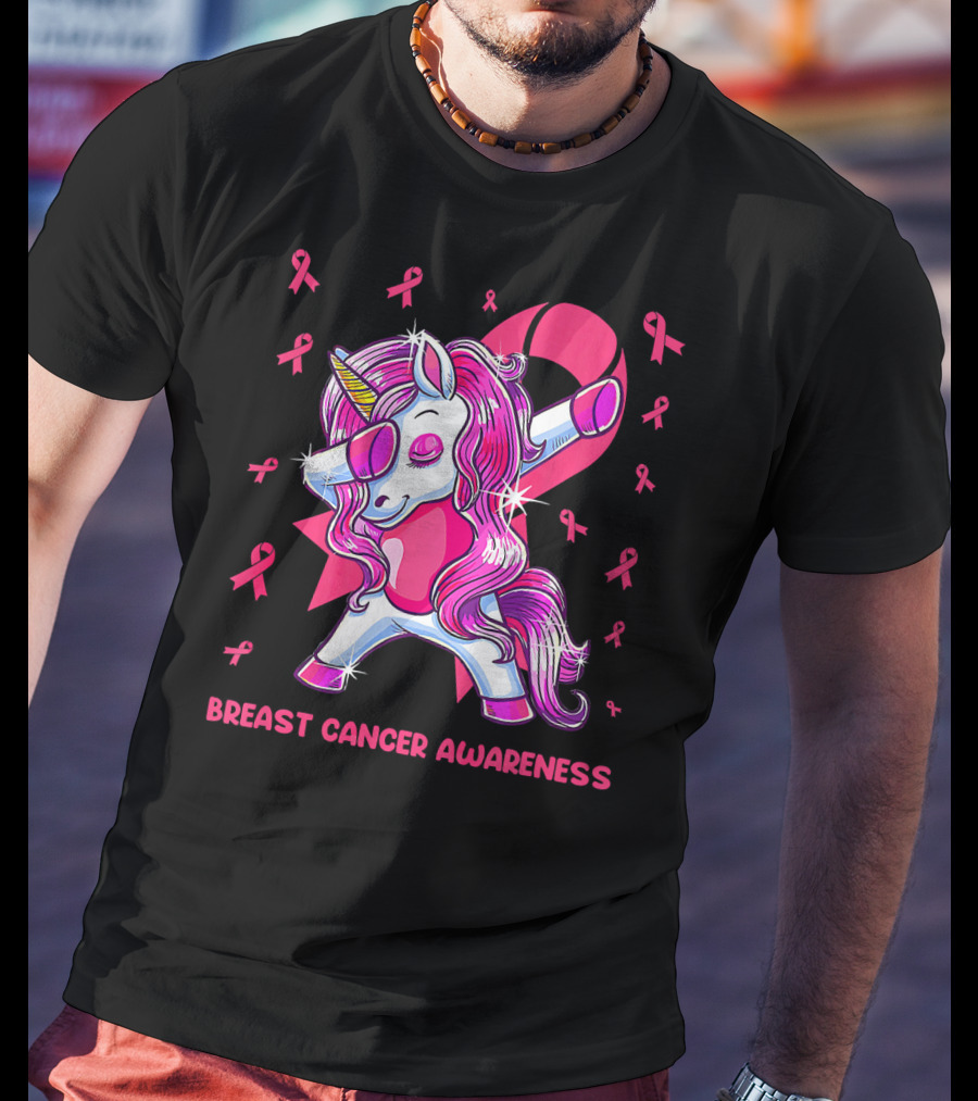 Breast Cancer Awareness Dabbing Unicorn Pink T-Shirt